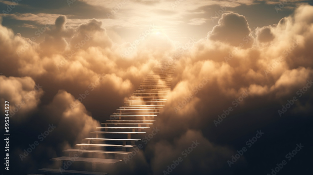 Stairway to heaven. generative ai. Stairway through the clouds to the heavenly light. Generative AI.