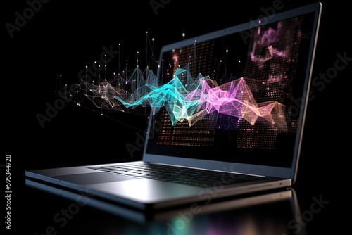 Laptop data visualisation, data visualization, big data, charts, analytical data visual, trading graphs, trending markets, technology information, laptop in office with data display. Generative AI