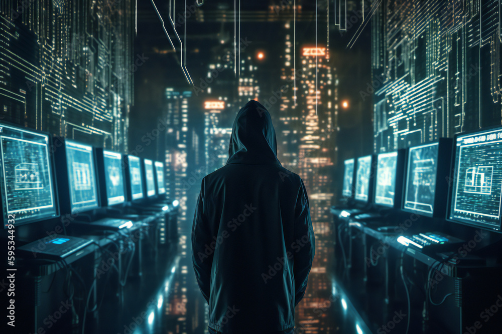 Advanced cybersecurity for complete digital defense against the cyber attacks of a faceless hacker in a dark hoodie