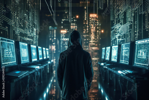 Advanced cybersecurity for complete digital defense against the cyber attacks of a faceless hacker in a dark hoodie