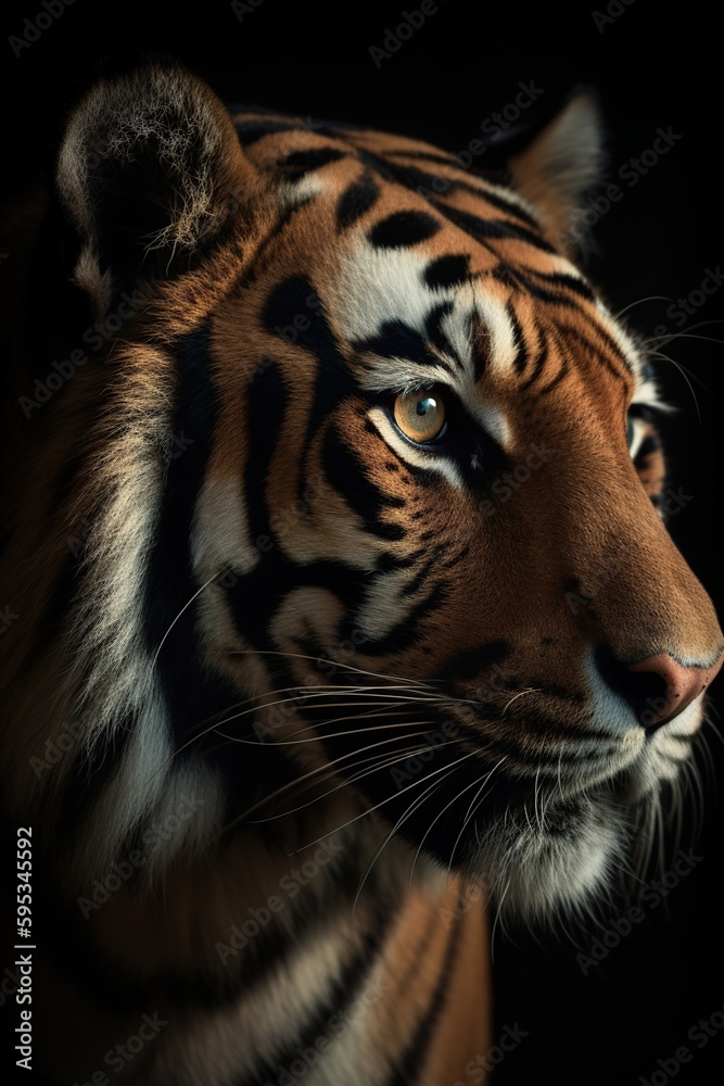 Fototapeta premium Portrait of a tiger with a black background, cinematic lighting AI concept