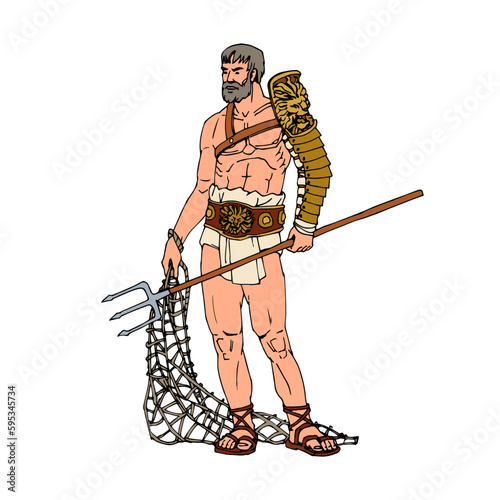 An ancient Roman gladiator retiarius with a trident and a net. Color vector illustration with black contour lines isolated on a white background in a cartoon style.