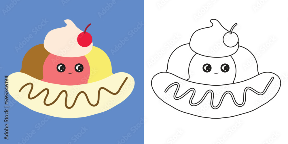 Coloring page banana split ice cream. Coloring book for children. Educational children game, ice