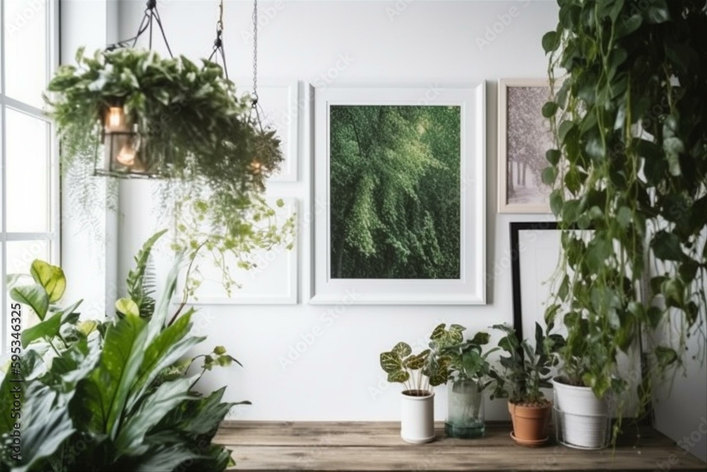Poster frame with green plants on white wooden wall background. Generative AI