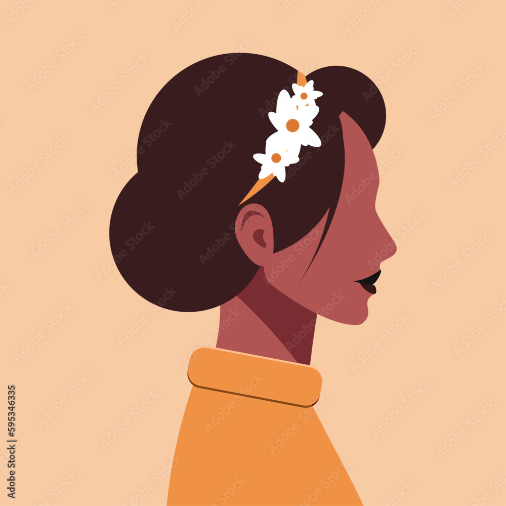 Illustration of the profile of a faceless woman with collected, neat, brown hair. Equality, diversity and sisterhood concept. Feminism, femininity and girl power. Flower decoration on hair.