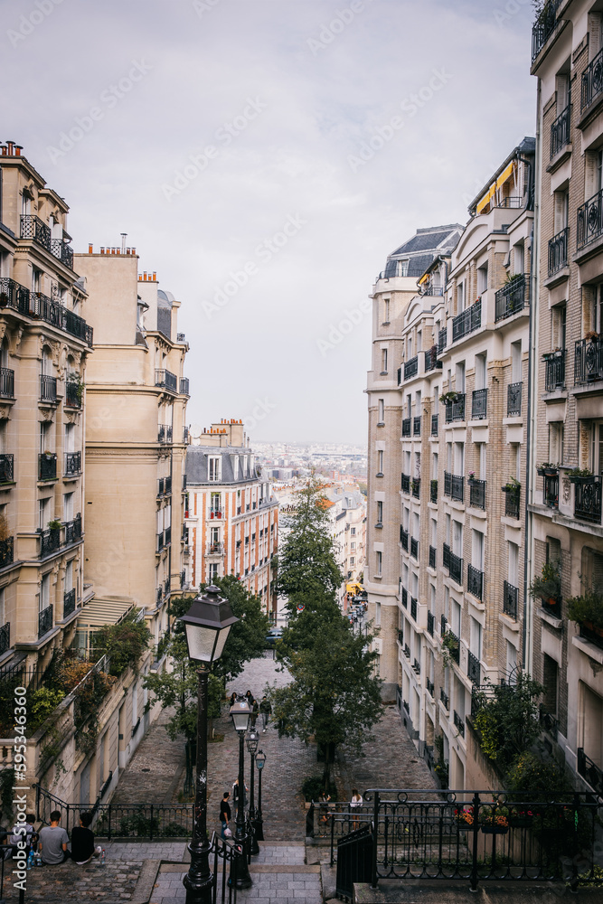 View of the Paris Cityscape from Montmartre Sacre Coeur in Paris, France on an overcast day 