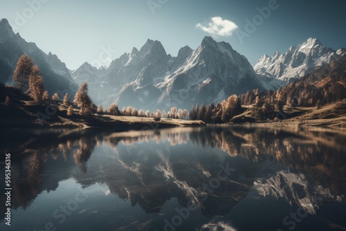 Scenic view of a mountain range mirrored in a serene lake. Generative AI