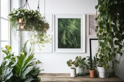 Poster frame with green plants on white wooden wall background. Generative AI © Ebrahim