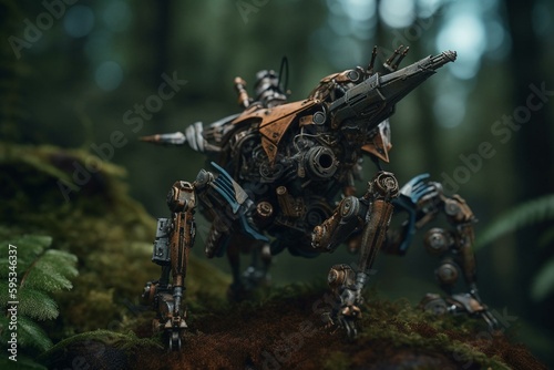 Image of mechanical creatures in woodland. Generative AI