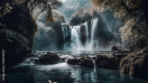  A panoramic shot of a waterfall with intricate details   Generative AI