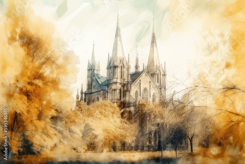 Watercolor gothic landscape. Impressionist ancient buildings in yellow. Generative AI