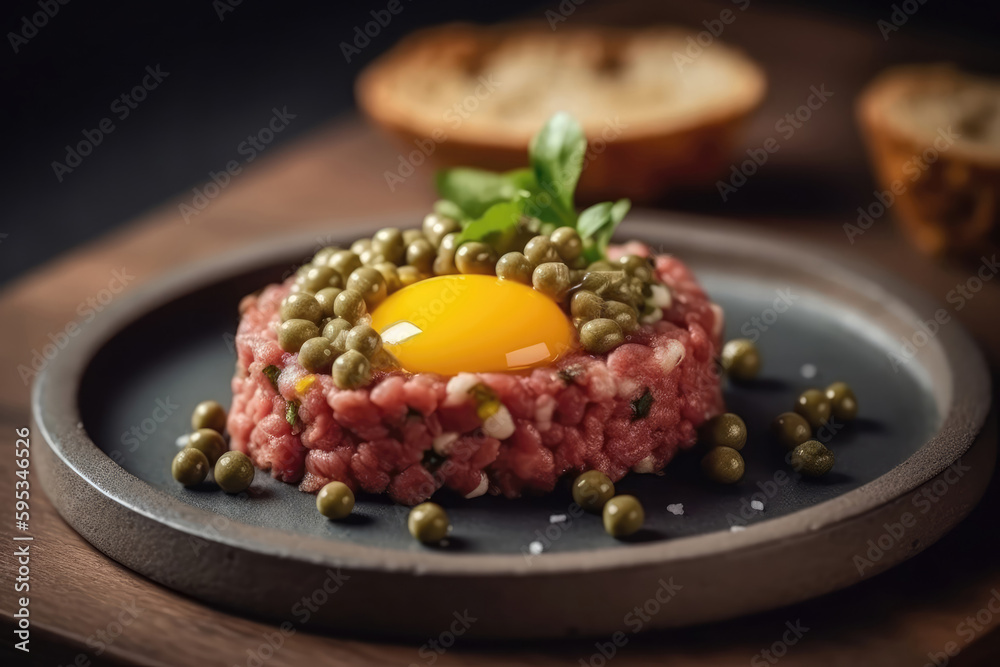 Beautiful Steak Tartare With Capers And Quail Egg Haute Cuisine. Generative AI Beautiful Steak Tartare With Capers And Quail Egg Haute Cuisine. Generative AI
