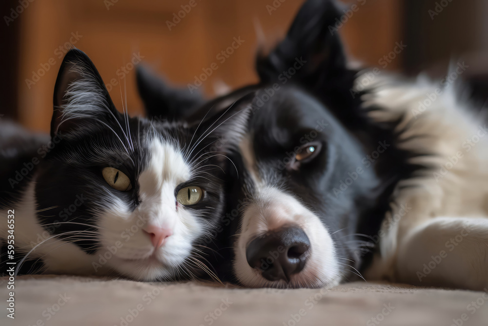 Border Collie Dog And British Shorthair Cat Sleep Soundly. Generative AI
