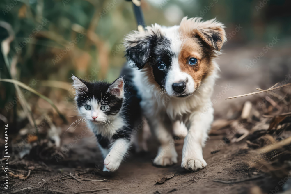 Black And White Kitten Walks With Tan Puppy. Generative AI