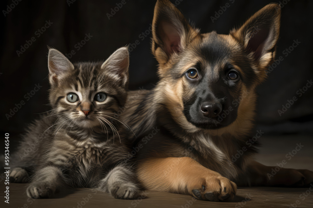 Cautious Puppy And Curious Kitten Rest Comfortably. Generative AI