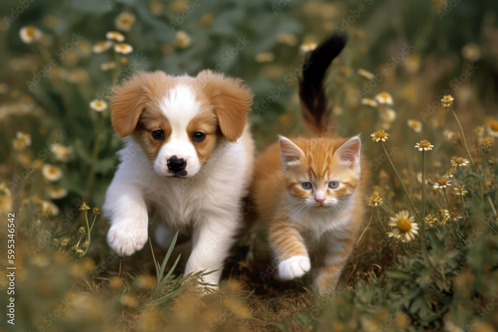 Calico Kitten And Golden Puppy Frolic. Generative AI