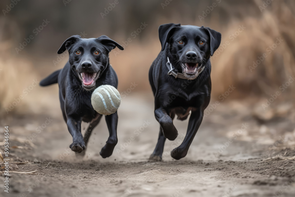 Two Black Dogs Chasing A Ball. Generative AI Two Black Dogs Chasing A Ball. Generative AI