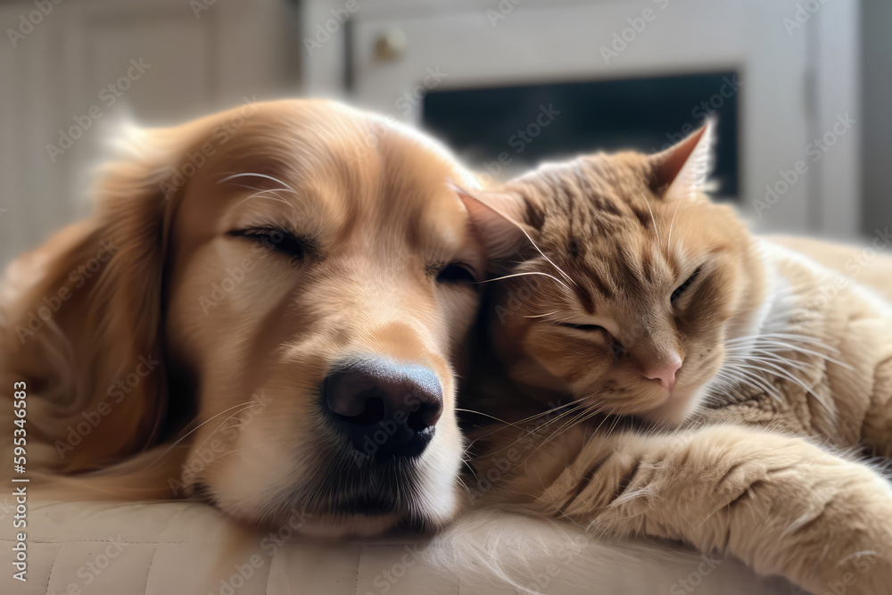 Golden Retriever Dog And Tabby Cat Sleep Peacefully. Generative AI