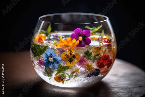 Colorful Nitrogenfrozen Gin And Tonic With Edible Flowers Micromolecular Cooking. Generative AI
