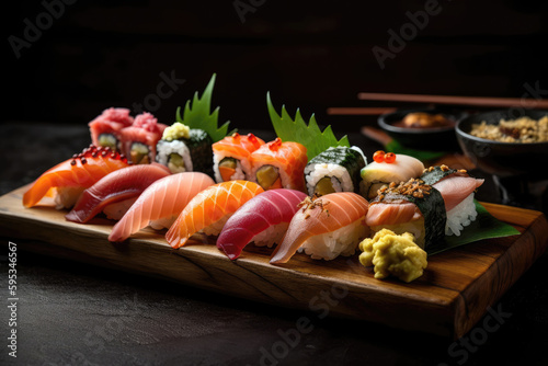 Beautifully Arranged Sushi Platter With Fresh Fish And Wasabi Haute Cuisine. Generative AI