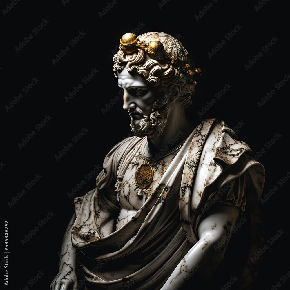 Une sculpture en marbre, statue d'une personne stoïcienne grecque ou romaine, représentant le stoïcisme. Avec des lignes dorées et noires, kintsugi, fond noir