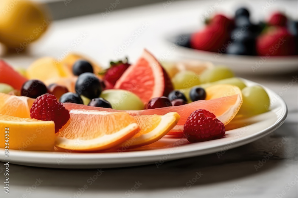 Closeup Of Fresh Sliced Fruit On White Plate. Generative AI Closeup Of Fresh Sliced Fruit On White Plate. Generative AI
