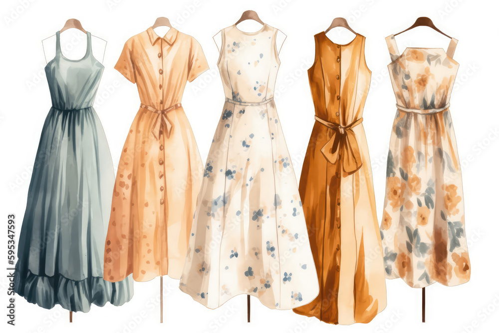 Obraz premium Beautiful Watercolor Painted Dresses, Designer On White Background. Generative AI