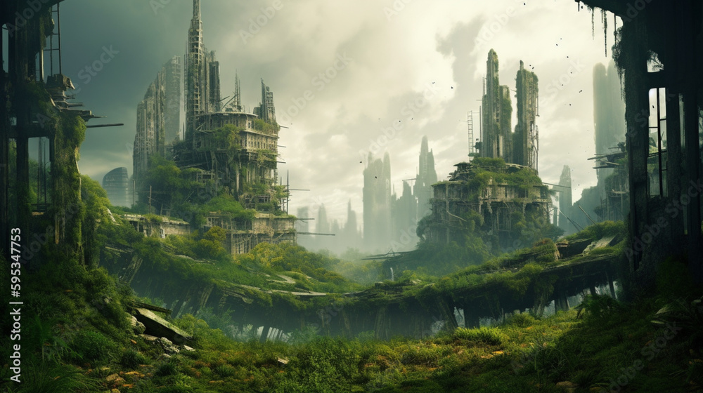 landscape with giant city building ruins and trees , Generative AI