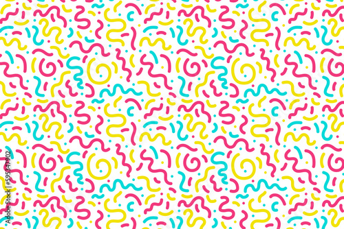 90s pattern squiggle scribble. Multi colored doodles, abstract background. Minimalist style. For textiles, fabrics, wallpaper, backdrop, paper. For children. Vector illustration