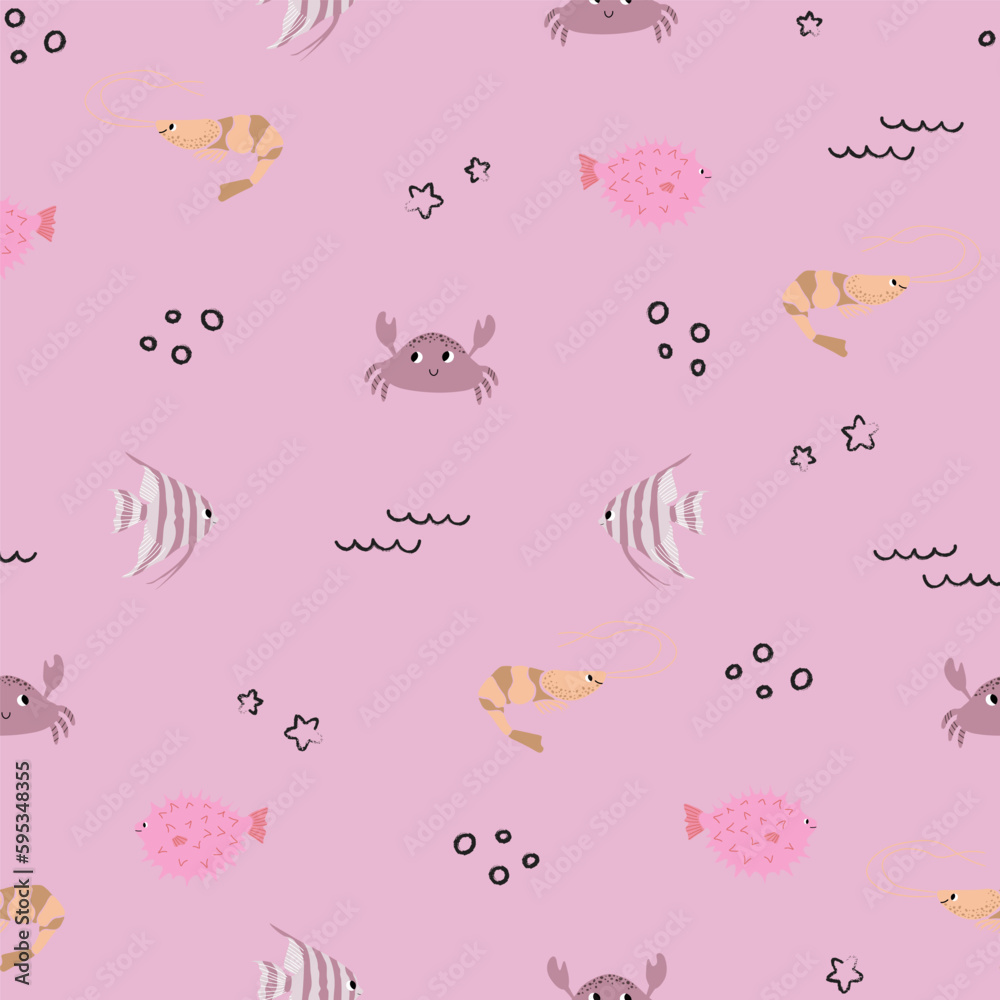 Vector seamless pattern with shrimp, crab, fugu fish, scalaria fish.Underwater cartoon creatures.Marine background.Cute ocean pattern for fabric, childrens clothing,textiles,wrapping paper Vector seamless pattern with shrimp, crab, fugu fish, scalaria fish.Underwater cartoon creatures.Marine background.Cute ocean pattern for fabric, childrens clothing,textiles,wrapping paper