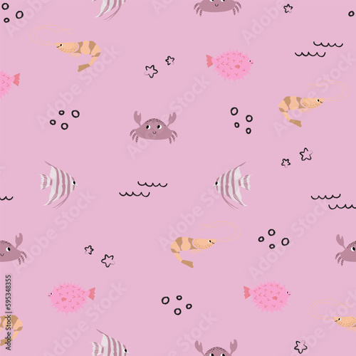 Vector seamless pattern with shrimp, crab, fugu fish, scalaria fish.Underwater cartoon creatures.Marine background.Cute ocean pattern for fabric, childrens clothing,textiles,wrapping paper