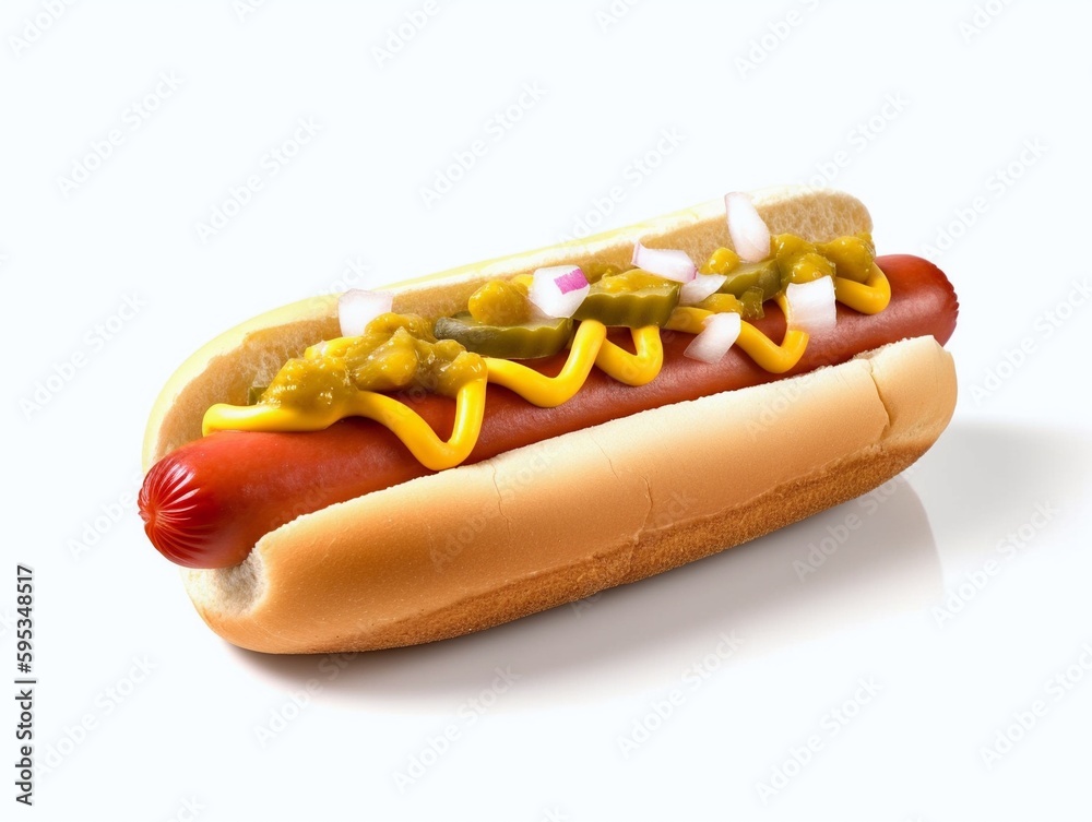 Hot dog with mustard and ketchup on white background. Isolated