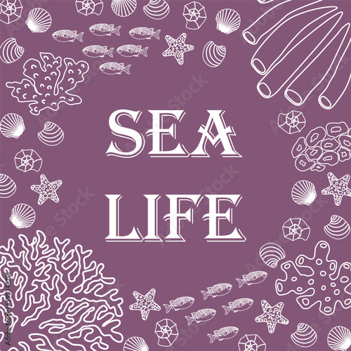 Vector ocean illustration with fish, shells, corals, algae. Sea life - modern lettering.Underwater marine animals.Ecology design for banner,flyer,postcard, website design,t-shirt,poster