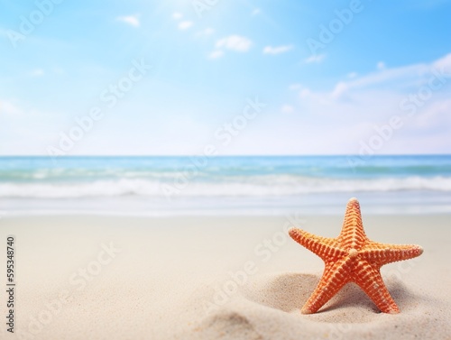 Starfish on the beach with sea and blue sky background. Copy space.