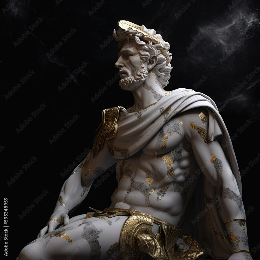 Obraz premium Une sculpture en marbre, statue d'une personne stoïcienne grecque ou romaine, représentant le stoïcisme. Avec des lignes dorées et noires, kintsugi