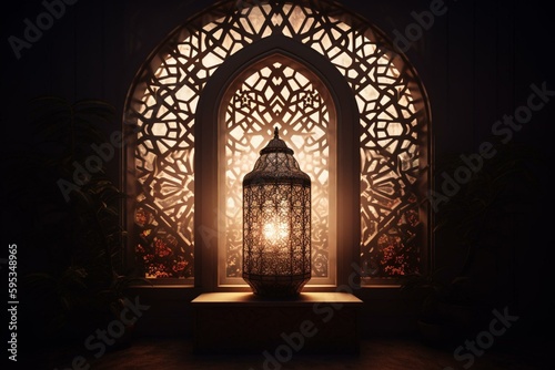Illustration of a window with Arabic-style design. Generative AI