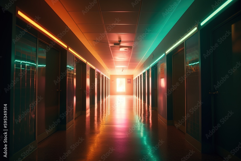 High school hallway lo-fi retro 80s and 90s background. Crazy lights Psychic Waves, nostalgia, vintage. Vaporwave, synthwave, chillwave. Wallpaper, template. Blurry pastel colors. Generative AI.