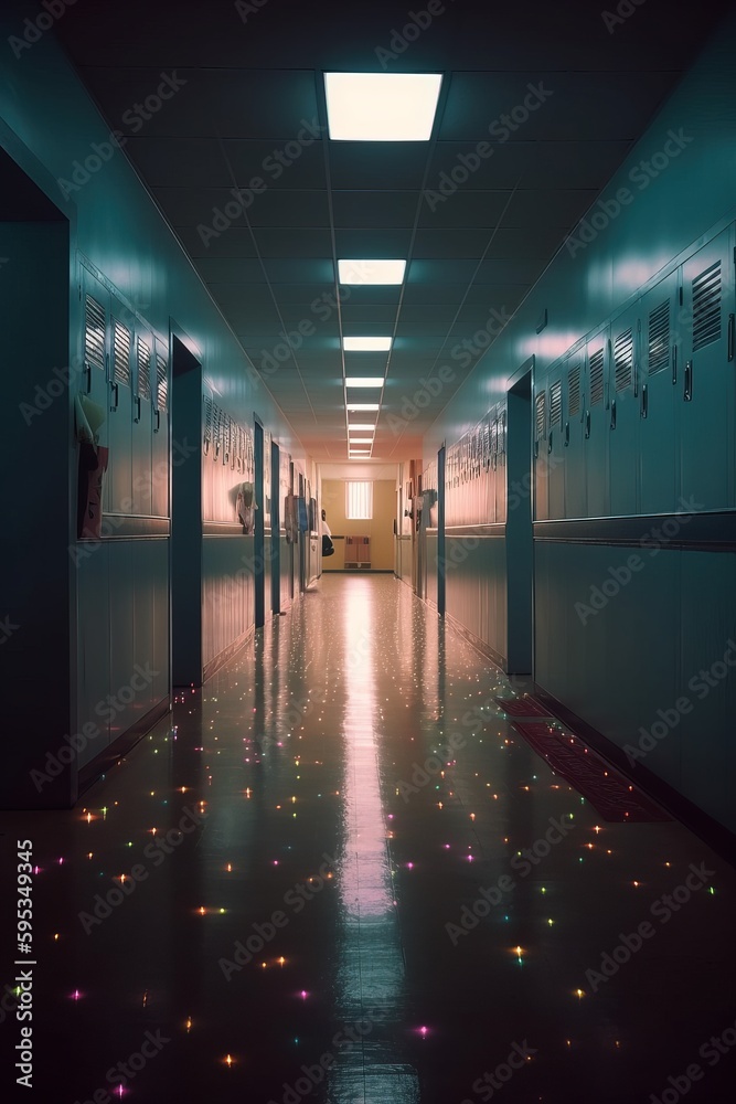 ภาพประกอบสต็อก High school hallway lo-fi retro 80s and 90s background ...