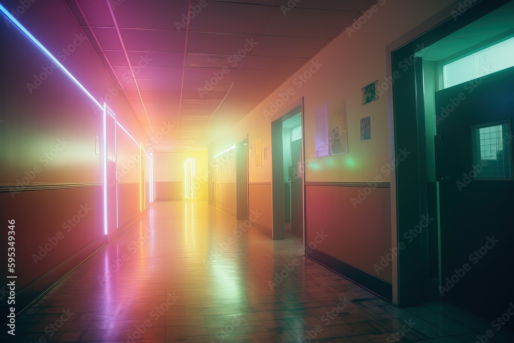 High school hallway lo-fi retro 80s and 90s background. Crazy lights Psychic Waves, nostalgia, vintage. Vaporwave, synthwave, chillwave. Wallpaper, template. Blurry pastel colors. Generative AI.