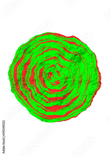 gewellt verformte kreisfläche gefüllt mit roten und grünen linien und spitz zulaufenden flächen, modern art, 3d