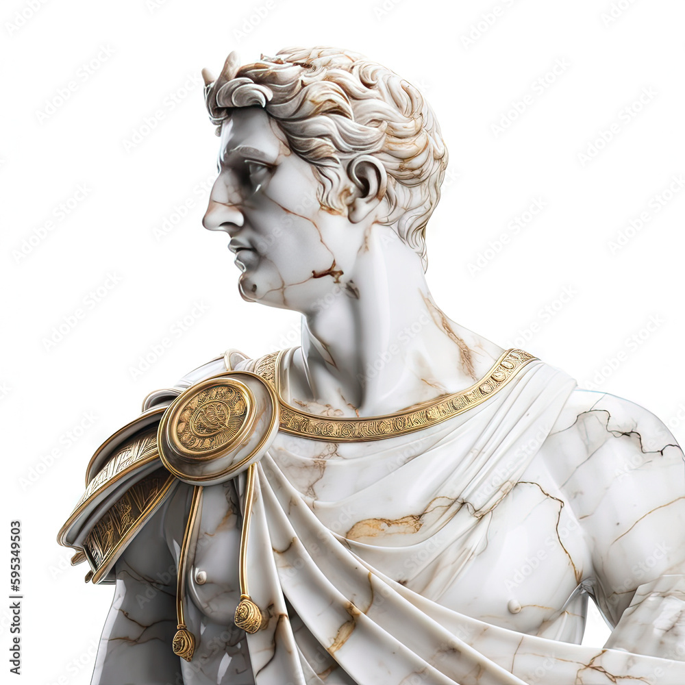 Obraz premium Une sculpture en marbre, statue d'une personne stoïcienne grecque ou romaine, représentant le stoïcisme. Avec des lignes dorées et noires, kintsugi, fond blanc