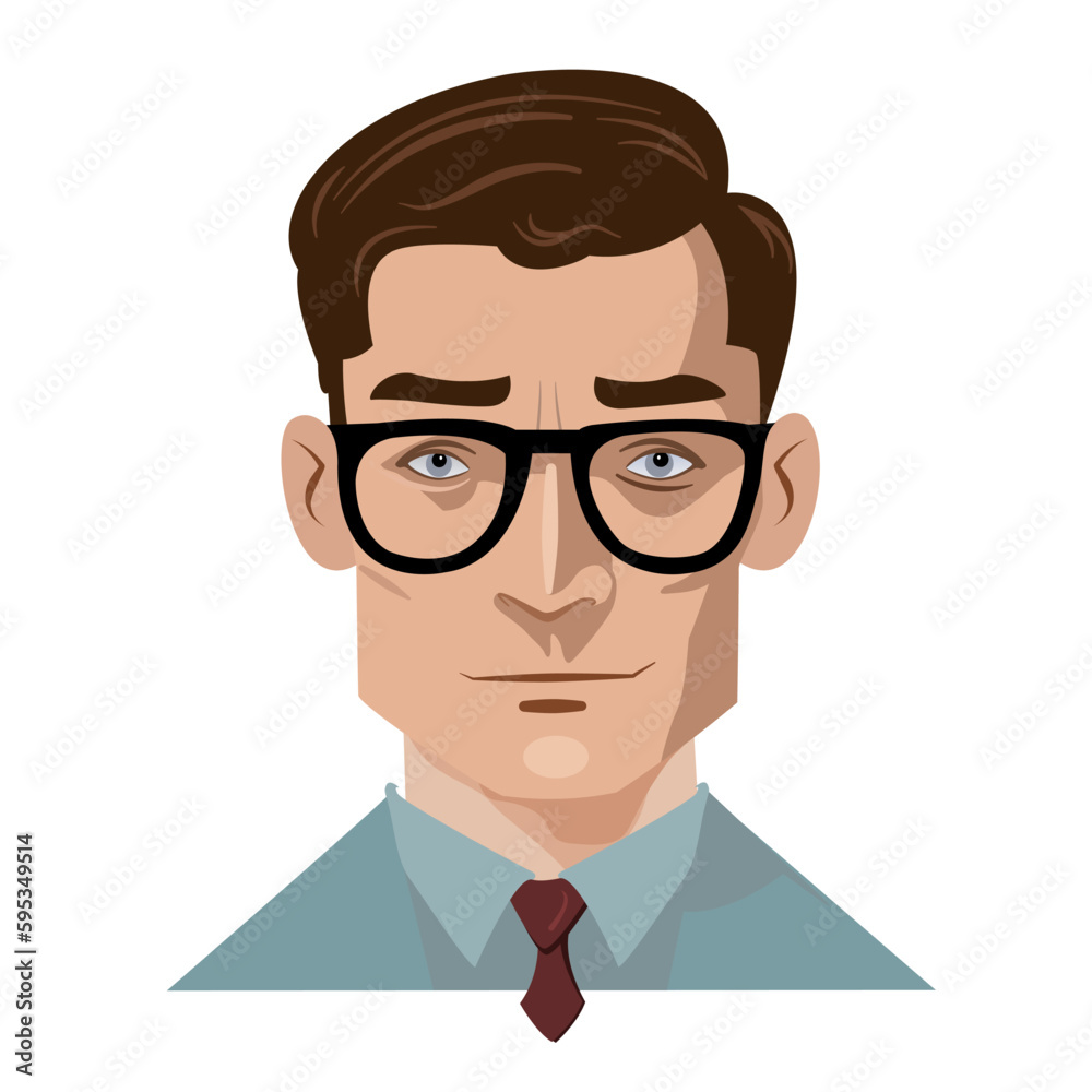 Vintage retro business man with short brown hair and glasses. Fifties style character.