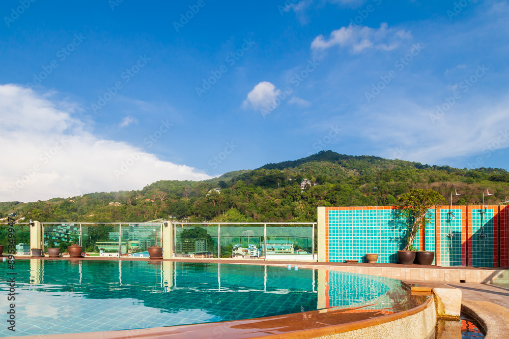 Pool on the roof of the hotel on the terrace at patong beach in phuket island, thailand