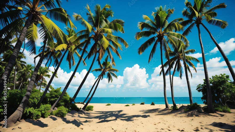 Blue sky and palm trees view from below, vintage style, tropical beach and summer background, travel concept. Generative Ai