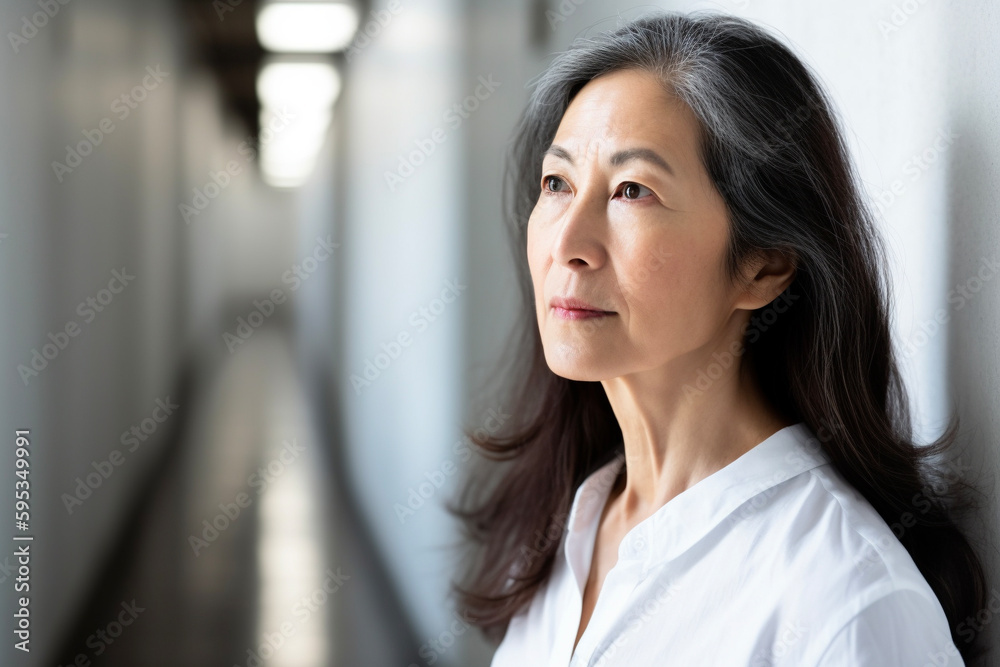 Middle Age Japanese Woman With Long Hair Standing Next To A Wall 