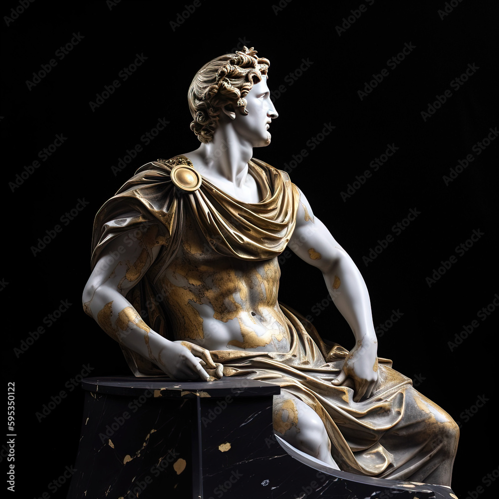 Obraz premium Une sculpture en marbre, statue d'une personne stoïcienne grecque ou romaine, représentant le stoïcisme. Avec des lignes dorées et noires, kintsugi.