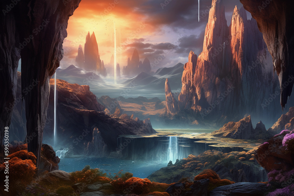 Fototapeta premium BEAUTIFUL Galactica Fantasy Waterfall Landscape with planets, rock, water, colorful, and beautiful light. IA generated