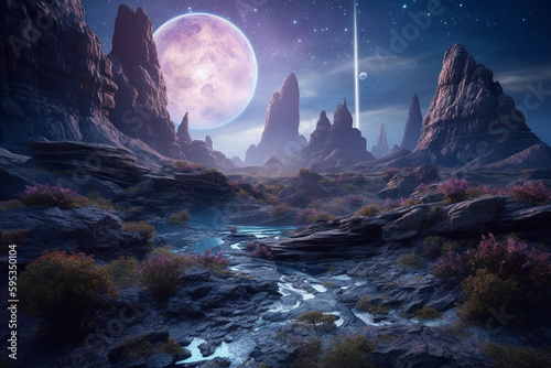 BEAUTIFUL Galactica Fantasy Waterfall Landscape with planets  rock  water  colorful  and beautiful light. IA generated