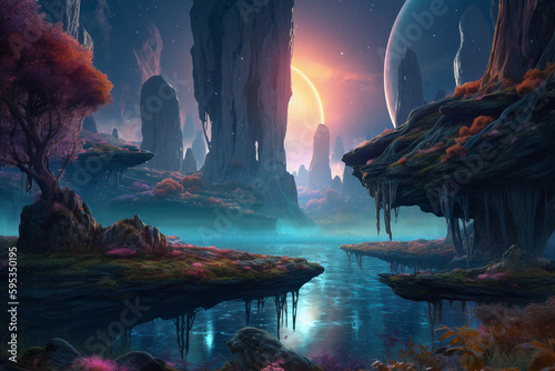 BEAUTIFUL Galactica Fantasy Waterfall Landscape with planets, rock, water, colorful, and beautiful light. IA generated photo