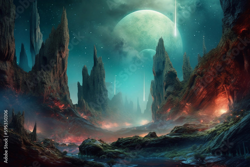 BEAUTIFUL Galactica Fantasy Waterfall Landscape with planets  rock  water  colorful  and beautiful light. IA generated